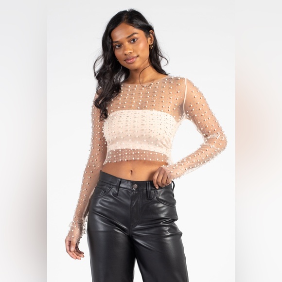 FASHION CLASSIC COLLECTION Nude Sheer Mesh See Through Pearl Diamond Crop Top, L - Picture 4 of 16